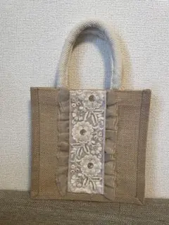 ジュートバック　インド刺繍　インド刺繍リボン　ハンドメイド　コンパクトバック