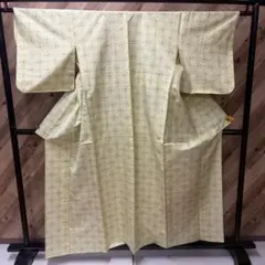 90 紬 着物 袷 幾何学模様 化繊 グリーン系のサムネイル