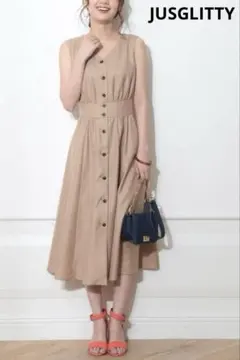 美品　JUSGLITTY　カラータックノースリワンピース 　S　キャメル