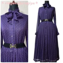 レトロ●紫●りぼんタイ●ロングワンピース●ドット柄●Japan vintage