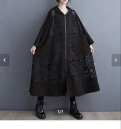 花柄レースパーカーコート　ブラック