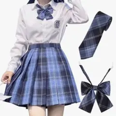 チェック プリーツスカート ブルー　制服 リボンとネクタイ 3点セット