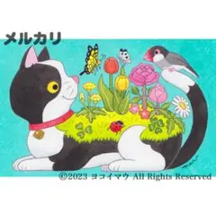 原画「ハチワレ猫と鳥といちごパフェ」猫/小鳥/スウィーツ/イラスト/絵画/アート