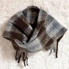 チェック柄フリンジマフラー グレー ブラウン