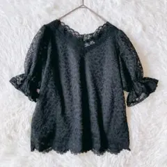 アースミュージック 花柄カットソー 総レース 黒シアー フェミニン 半袖 上品