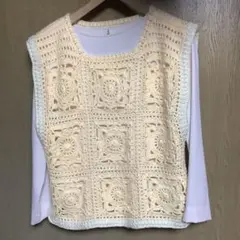 ま*こ様 ハンドメイド手編みベスト　クリーム色 かぎ針編み ベスト