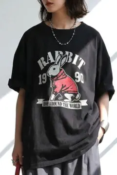 新品アンティカ　アニマルロゴ半袖Tシャツ　接触冷感ブラック　ウサギ　Lサイズのサムネイル