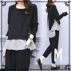 ✨ M パンツ セットアップ 黒 レディース 重ね着 ブラック ペプラム
