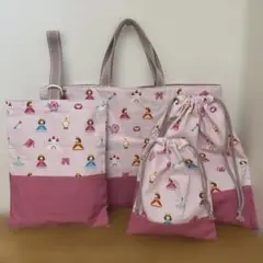 ハンドメイド　入園入学4点セット　ピンク地　ドット絵　プリンセス　濃いピンク地