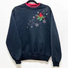 119 赤い鳥 刺繍 クリスマス 古着 黒 ブラック トレーナー