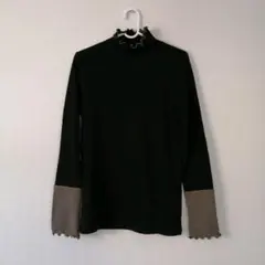 mysa タートルネック配色テレコ 長袖トップス 黒×ベージュ LL