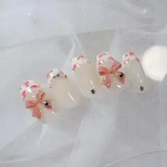 ピンクリボン花柄ネイルチップ