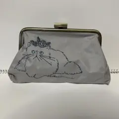 猫イラスト グレー ポーチ　がま口