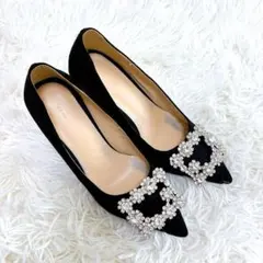 ビジュー　ポインテッドトゥ　パンプス　ブラック　美品　ハンギシ風　結婚式