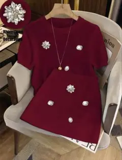 ラインストーン 半袖ニットセーター