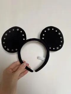 ミッキー 耳型 カチューシャ 黒 スタッズ 刺繍