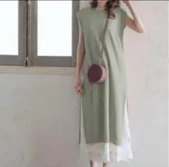 裾レースインナー付きワッフルニットワンピース[mb1083]グリーン