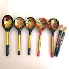 ホフロマ　木製スプーン＆ペン　ロシア　伝統工芸品　ホフロマ塗り