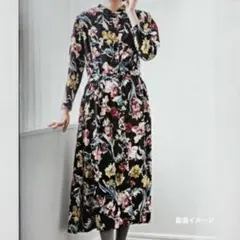 SHIPS Colors 花柄ネイビー　長袖ワンピース　ボタニカル柄