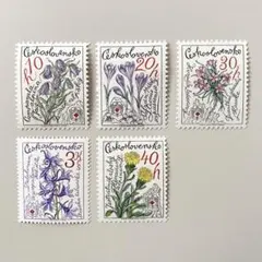 外国切手5枚（チェコスロバキア：高山植物、花）