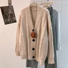 ニットカーディガン アウター ケーブル編み セーター カジュアル Vネック