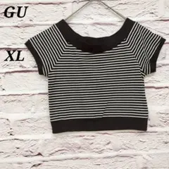 ジーユー 【XL】 ボーダーワイドネック半袖Tシャツ コットンストレッチのサムネイル