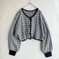 レイカズン　レディース　クロップド　カーディガン　ツイード調　モノトーン　裾短