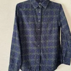 UNIQLO チェック柄 長袖シャツ ドット柄 ネイビー グリーン S