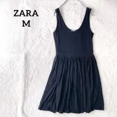 ザラ　膝丈ワンピース　ノースリーブ　クルーネック　ハイウエスト切替　黒　M