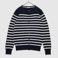 GU【L】ボーダー柄 長袖ニットカーディガン 前開き コットン生地 ネイビー