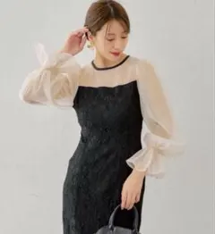 Chico 配色レースタイトロングドレス　結婚式ワンピース