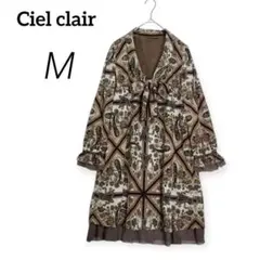新品✨シェルクレイル ひざ丈ワンピース 茶 総柄 リボン シック【M】c4308