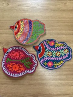刺繍入り鳥型コースター 3点セット