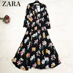 新品❤️ZARA ロングワンピース　カシュクール　花柄　ブラック　長袖　マキシ丈