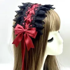 地雷系　ゴスロリ ヘッドドレス リボン レース 髪飾り　推し活　ロリータ　赤×黒