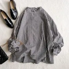 美品 le colis ピンタック フリルカラー ギンガムチェック ブラウス