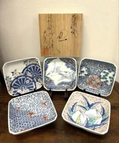 【市川光春】鍋島 御庭焼 和 花 鳥 車文 銘々皿5枚セットのサムネイル