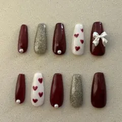 【即購入OK】大人かわいい冬ネイル ボルドー×ハート×リボン ネイルチップ