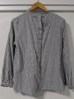 ストライプ　長袖シャツ　ブラウス　バンドカラー