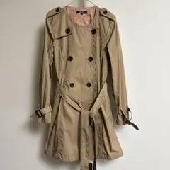 トレンチコート ノーカラー　ベージュ×ピンク　M 卒業式　入学式 ミドル丈