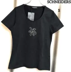 シュナイダー 花柄ラインストーン ストレッチ 半袖Tシャツ　黒　S