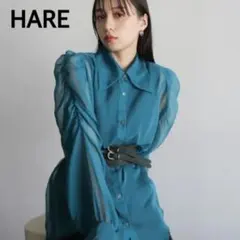 極美品✨HARE ソデギャザーシアーシャツ　ブルー　フリーサイズ