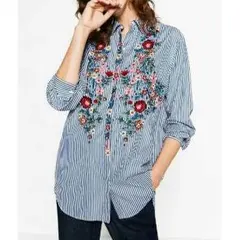 売り切れ続出！　花刺繍ブラウス　ZARA風　ストライプ 　Lサイズ