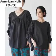アメリカンホリック Vネック袖ギャザーブラウス ブラック　L レーヨン