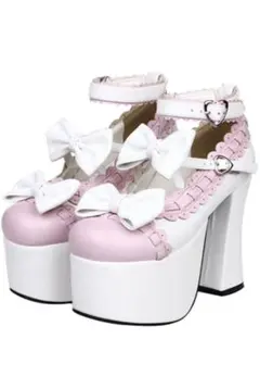 リボン付きピンクホワイトハイヒール ロリータ 量産型 地雷系 厚底