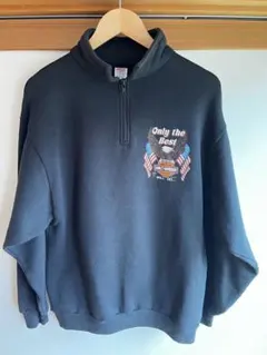 【80s USA製】ハーレー×ジャージーズ ハーフジップスウェット 黒 両面 L
