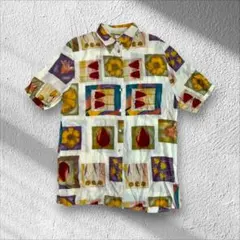 【芸術的アート柄】ヴィンテージ 総柄 半袖シャツ 花柄 レトロ古着 L相【B4】