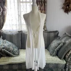 ホワイト ロングカーディガン フロントリボン