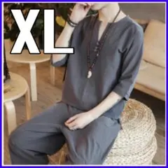 リネン セットアップ 半袖シャツ 7分丈パンツ ルームウェア 濃グレー XL