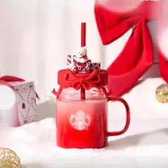 海外スターバックス　ホリデー　クリスマス　ベアリスタ　リボン　グラスタンブラー